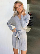 Women's Solid Color Long Sleeve Faux Wrap Sweater Dress