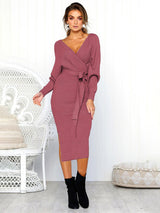 Women's Solid Color Long Sleeve Faux Wrap Sweater Dress