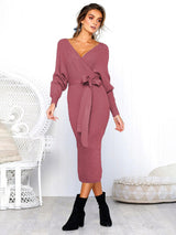 Women's Solid Color Long Sleeve Faux Wrap Sweater Dress
