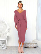 Women's Solid Color Long Sleeve Faux Wrap Sweater Dress
