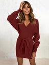 Women's Solid Color Long Sleeve Faux Wrap Sweater Dress