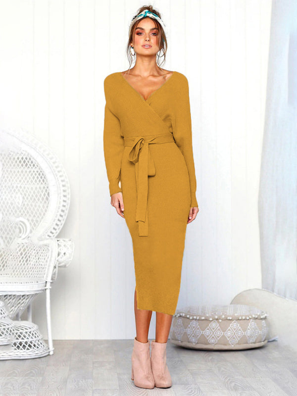 Women's Solid Color Long Sleeve Faux Wrap Sweater Dress