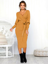 Women's Solid Color Long Sleeve Faux Wrap Sweater Dress