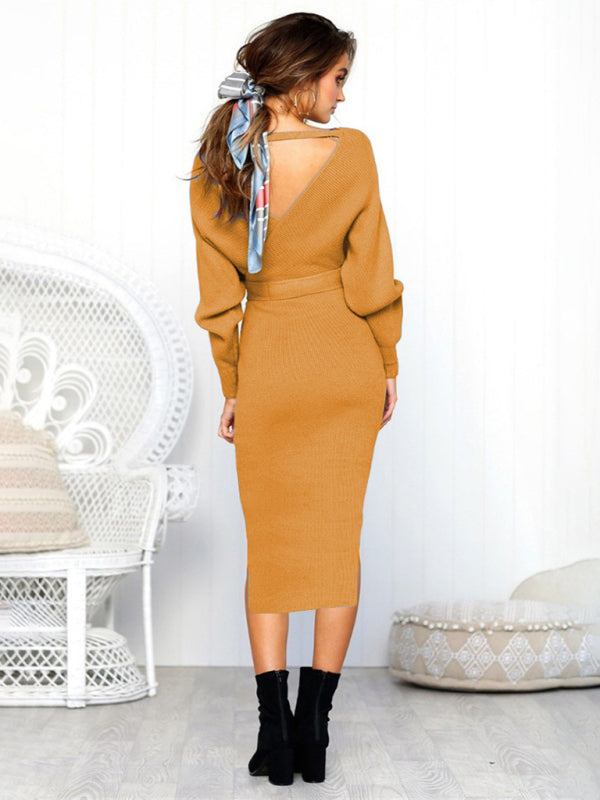 Women's Solid Color Long Sleeve Faux Wrap Sweater Dress
