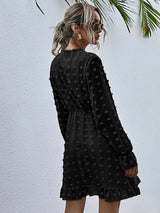 Women's Solid Color Tie-neck Clip-dot Chiffon Ruffle A-line Mini Dress