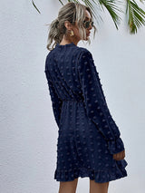 Women's Solid Color Tie-neck Clip-dot Chiffon Ruffle A-line Mini Dress