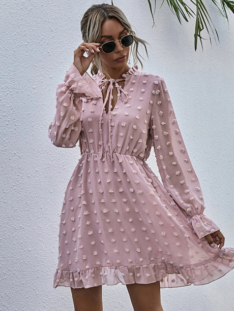 Women's Solid Color Tie-neck Clip-dot Chiffon Ruffle A-line Mini Dress
