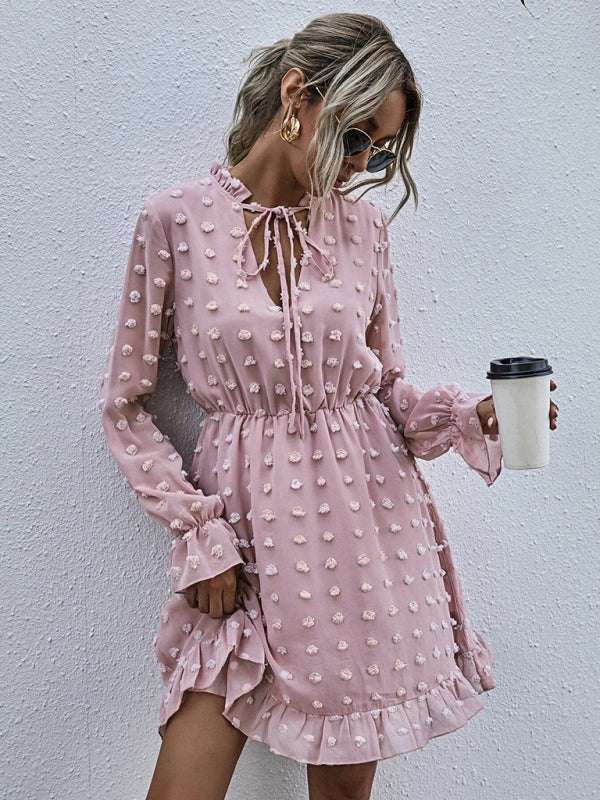 Women's Solid Color Tie-neck Clip-dot Chiffon Ruffle A-line Mini Dress