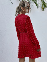 Women's Solid Color Tie-neck Clip-dot Chiffon Ruffle A-line Mini Dress