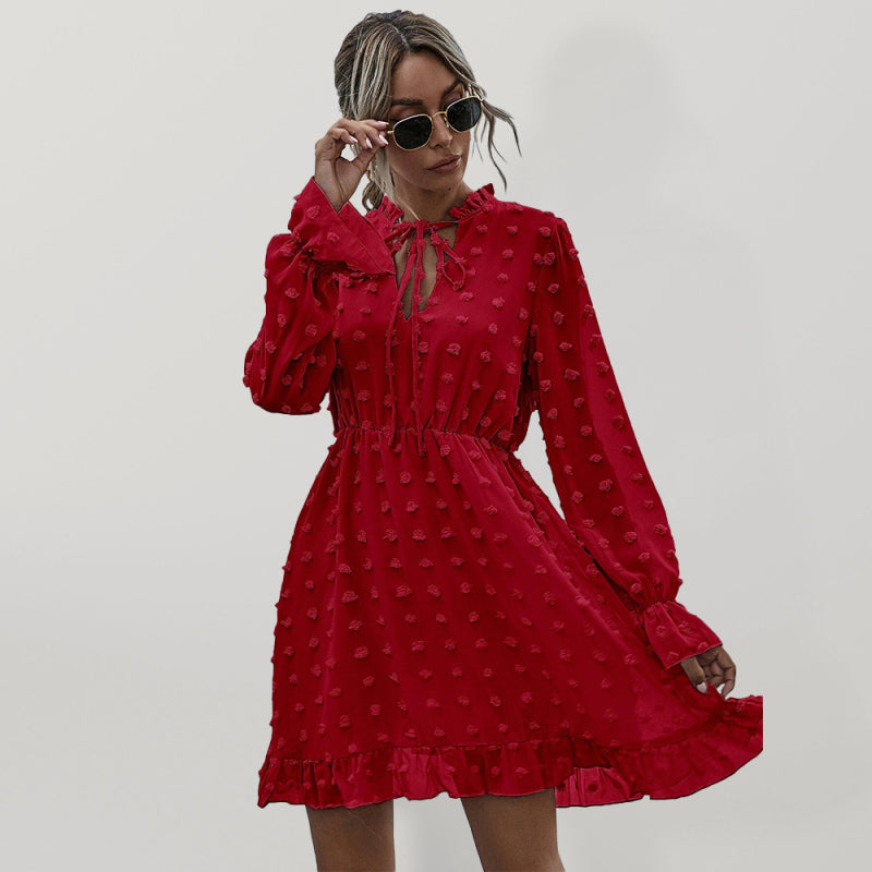 Women's Solid Color Tie-neck Clip-dot Chiffon Ruffle A-line Mini Dress