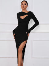 Women's Solid Color Twist Cutout High Slit Maxi Dress