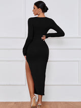 Women's Solid Color Twist Cutout High Slit Maxi Dress