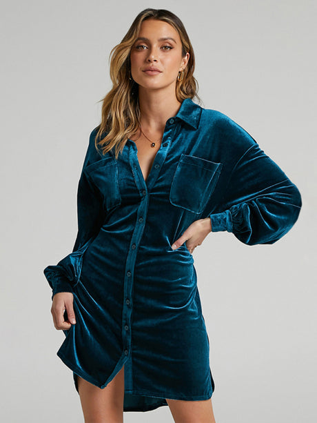 Women's Long Sleeve Velvet Mini Shirt Dress
