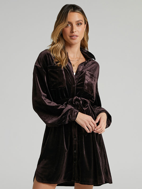 Women's Long Sleeve Velvet Mini Shirt Dress