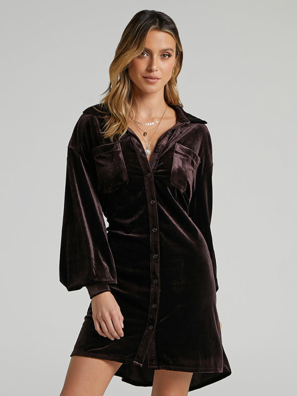 Women's Long Sleeve Velvet Mini Shirt Dress