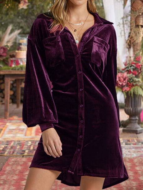 Women's Long Sleeve Velvet Mini Shirt Dress