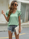 Summer new solid color V-neck double layer ruffled sleeve loose top t-shirt