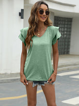 Summer new solid color V-neck double layer ruffled sleeve loose top t-shirt