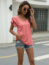 Summer new solid color V-neck double layer ruffled sleeve loose top t-shirt