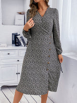 Women's Floral Print Puff Sleeves With Tie Faux Wrap A-line Midi Dress