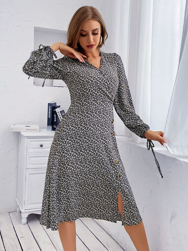 Women's Floral Print Puff Sleeves With Tie Faux Wrap A-line Midi Dress