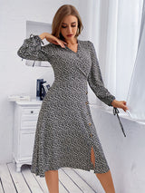 Women's Floral Print Puff Sleeves With Tie Faux Wrap A-line Midi Dress