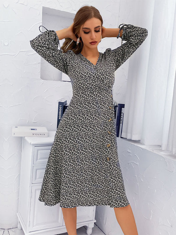 Women's Floral Print Puff Sleeves With Tie Faux Wrap A-line Midi Dress