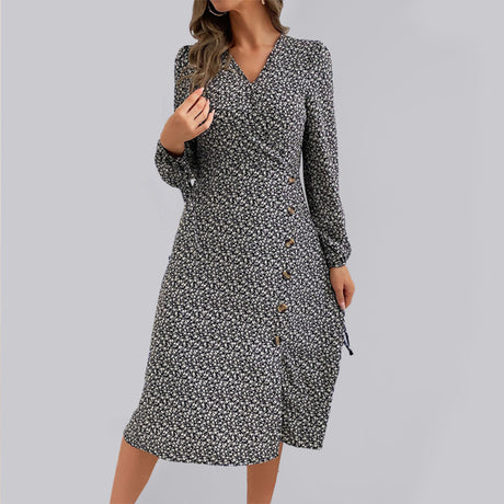 Women's Floral Print Puff Sleeves With Tie Faux Wrap A-line Midi Dress