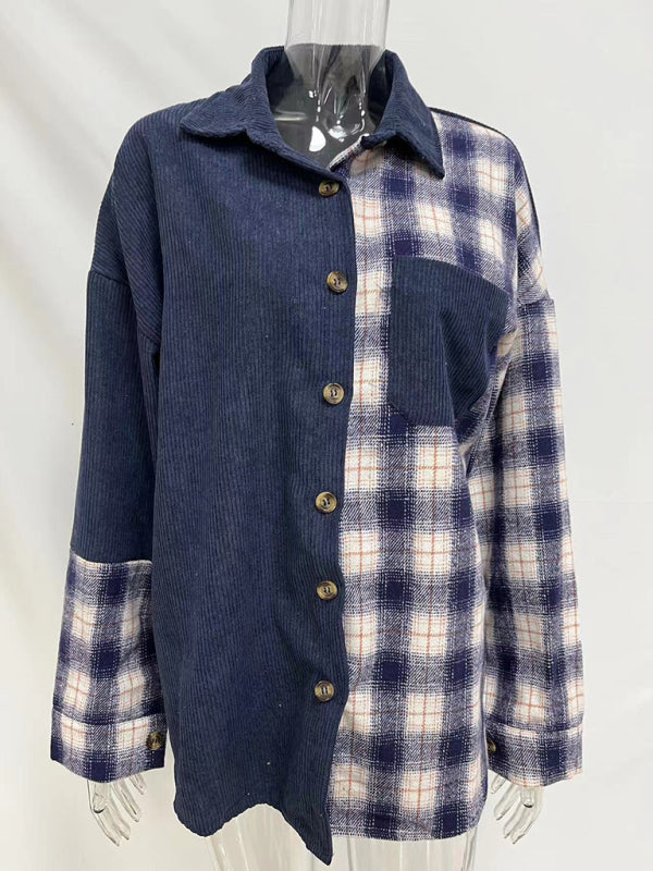 Women's Mixed Plaid And Corduroy Buttoned Top
