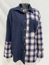 Women's Mixed Plaid And Corduroy Buttoned Top
