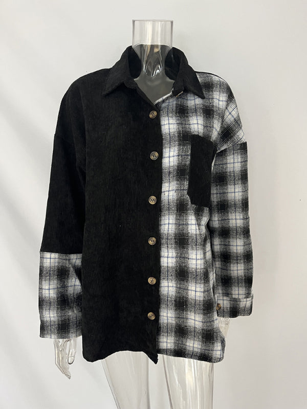 Women's Mixed Plaid And Corduroy Buttoned Top
