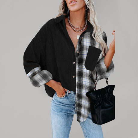 Women's Mixed Plaid And Corduroy Buttoned Top