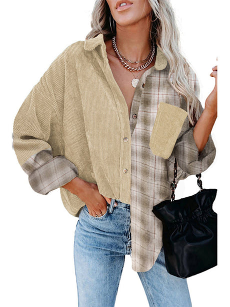 Women's Mixed Plaid And Corduroy Buttoned Top