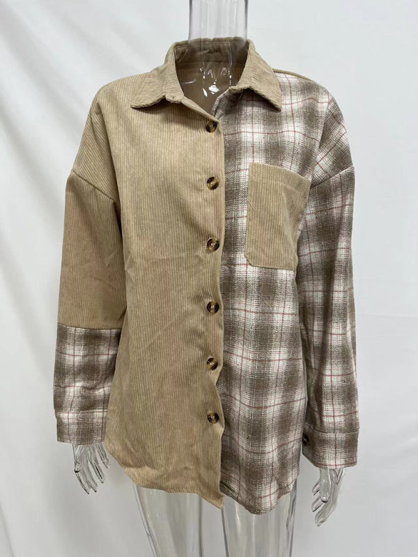 Women's Mixed Plaid And Corduroy Buttoned Top