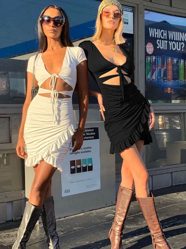 Women's Solid Color Wrap Cut-out Tie Mini Dress