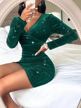 Women's Solid Color Long Sleeve Faux Wrap Velvet Minidress