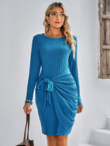 Women's Solid Color Tie Front Rib-knit Crew Neck Mini Dress
