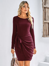 Women's Solid Color Tie Front Rib-knit Crew Neck Mini Dress