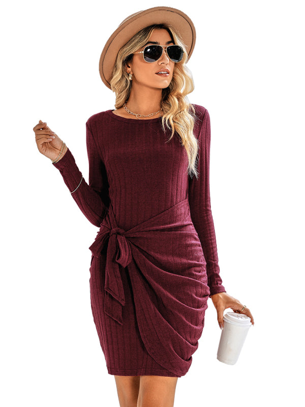 Women's Solid Color Tie Front Rib-knit Crew Neck Mini Dress