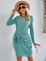 Women's Solid Color Tie Front Rib-knit Crew Neck Mini Dress