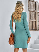Women's Solid Color Tie Front Rib-knit Crew Neck Mini Dress