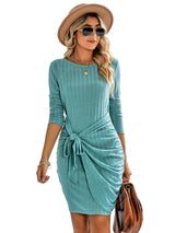Women's Solid Color Tie Front Rib-knit Crew Neck Mini Dress