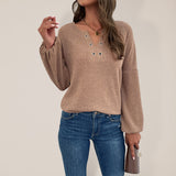 Women's Solid Color V-neck With Ring Hardware Dropped Off Shoulder Sweater