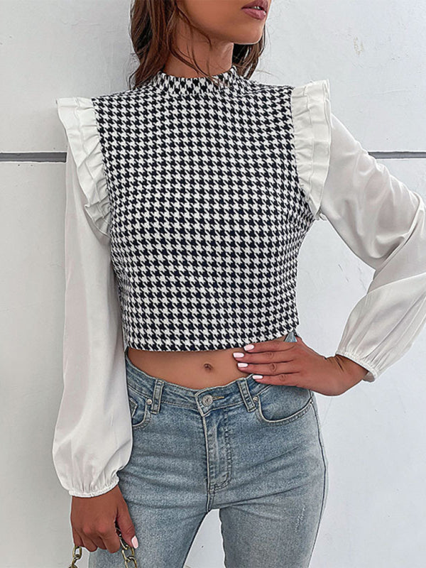 Women's Woven Mock Neck Long Sleeve Houndstooth Shirt
