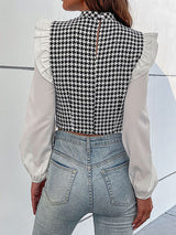 Women's Woven Mock Neck Long Sleeve Houndstooth Shirt