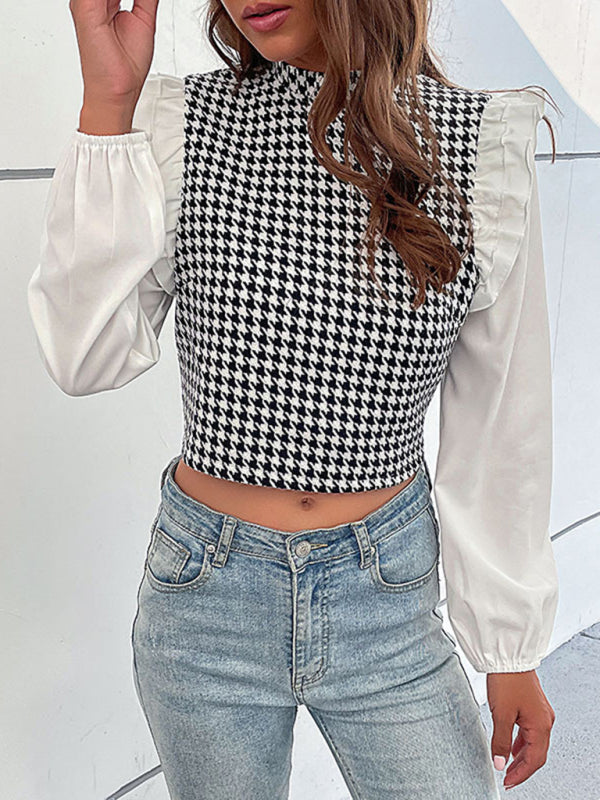 Women's Woven Mock Neck Long Sleeve Houndstooth Shirt