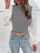 Women's Woven Mock Neck Long Sleeve Houndstooth Shirt