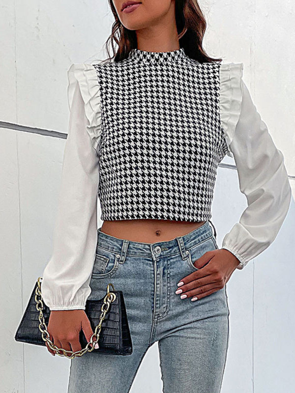 Women's Woven Mock Neck Long Sleeve Houndstooth Shirt