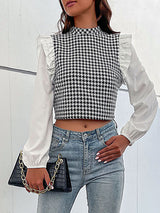 Women's Woven Mock Neck Long Sleeve Houndstooth Shirt