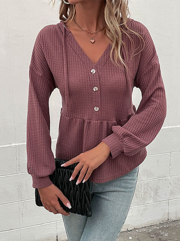 Women's knitted hooded V-neck waffle long-sleeved top
